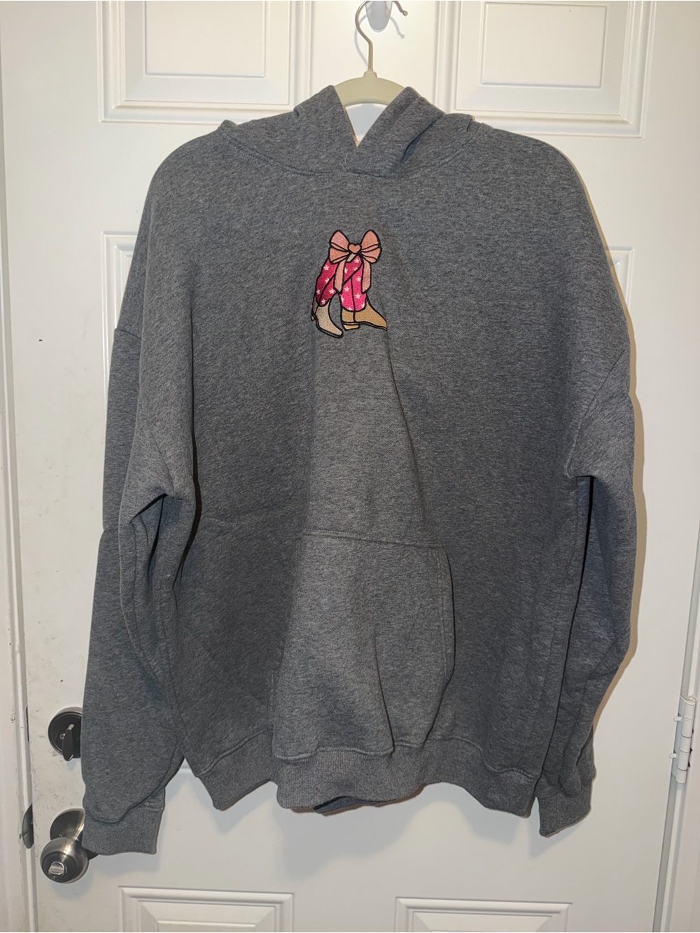 Gray Hooded Pullover Sweatshirt with Pink Bow Graphic